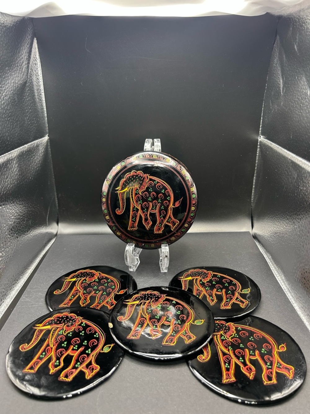 Vintage Set Of 5 Black Lacquered Hand Painted Elephant Coasters w/ Box & Lid